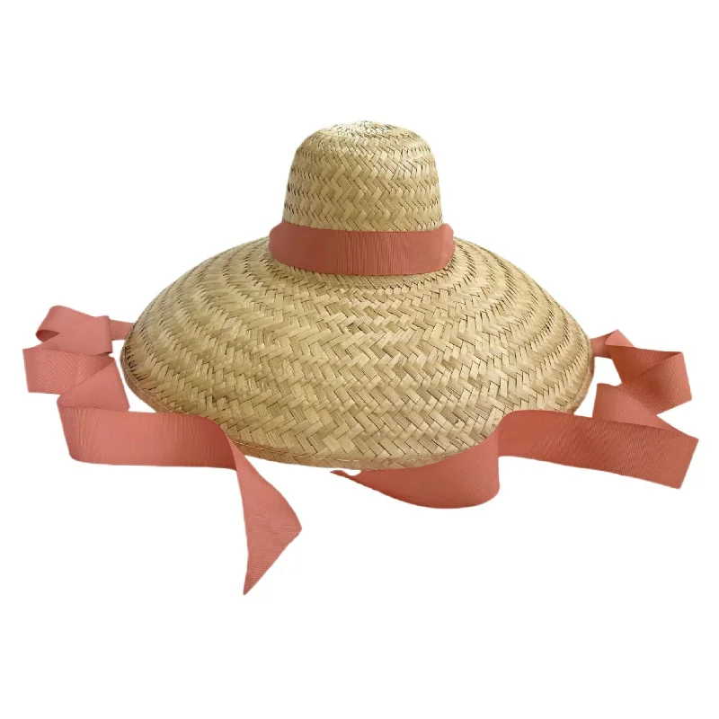 Geranium Sun Hat - Long Coral Grosgrain Ribbon