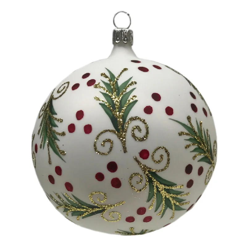 10cm ball, White with Mistletoe Ornament by Old German Christmas