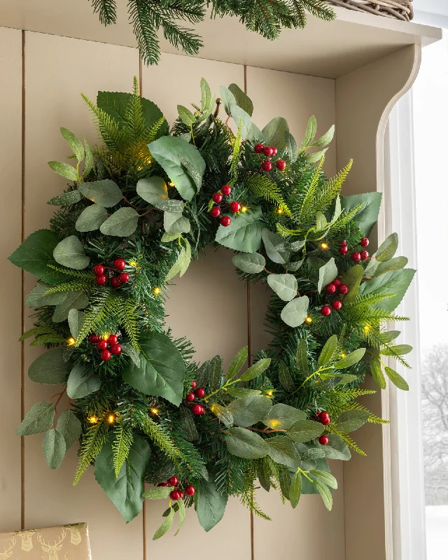 Pre-Lit Decorated Wreath, Berries & Eucalyptuses, 60 cm