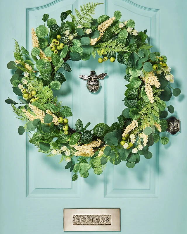 Artificial Floral Eucalyptus Wreath, Cream, 28 Inch