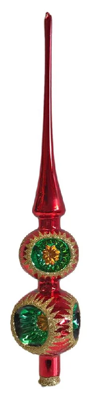 6 Reflector Red Tree Topper with Gold and Green Glitter by Hausdorfer Glas Manufaktur