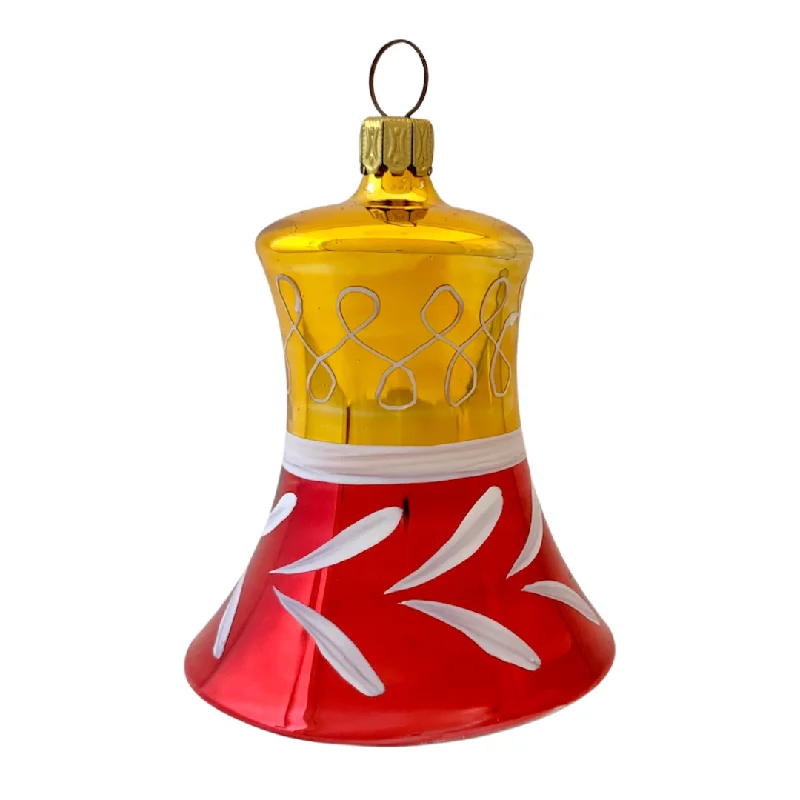 Bell, 7cm, branch and swirl, red and gold by Glas Bartholmes