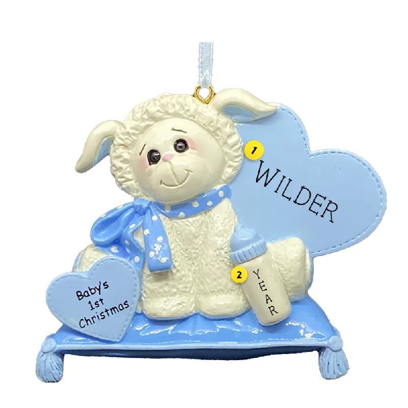 Personalized Baby's First Christmas Lamb Ornament - Blue