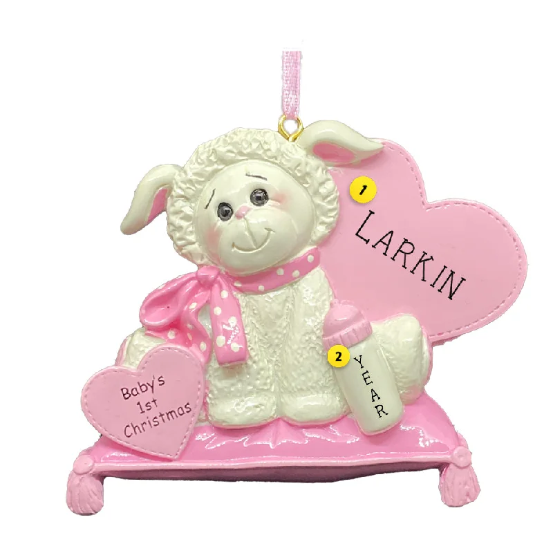 Personalized Baby's First Christmas Lamb Ornament - Pink