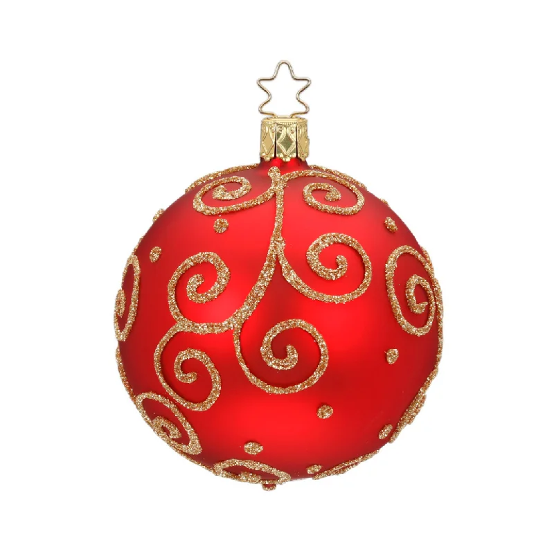 Barocco Ball, red matte with gold, 8cm by Inge Glas of Germany