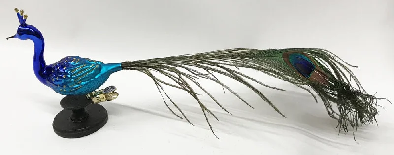 Big Peacock, Blue, Straight Head, Blown Crown Ornament by Glas Bartholmes