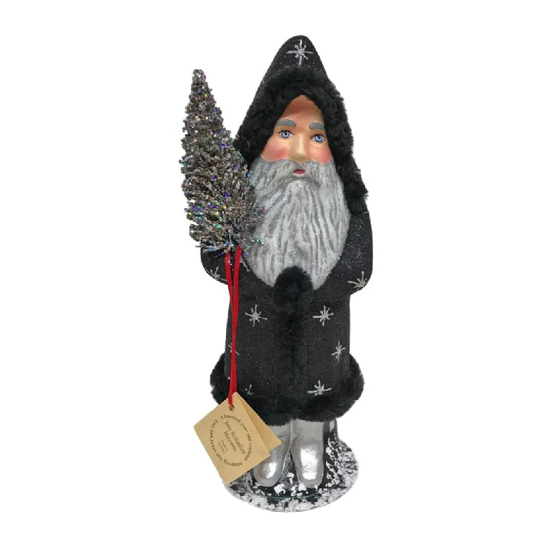 Black Santa, Silver Stars, One of a Kind Paper Mache Candy Container by Ino Schaller