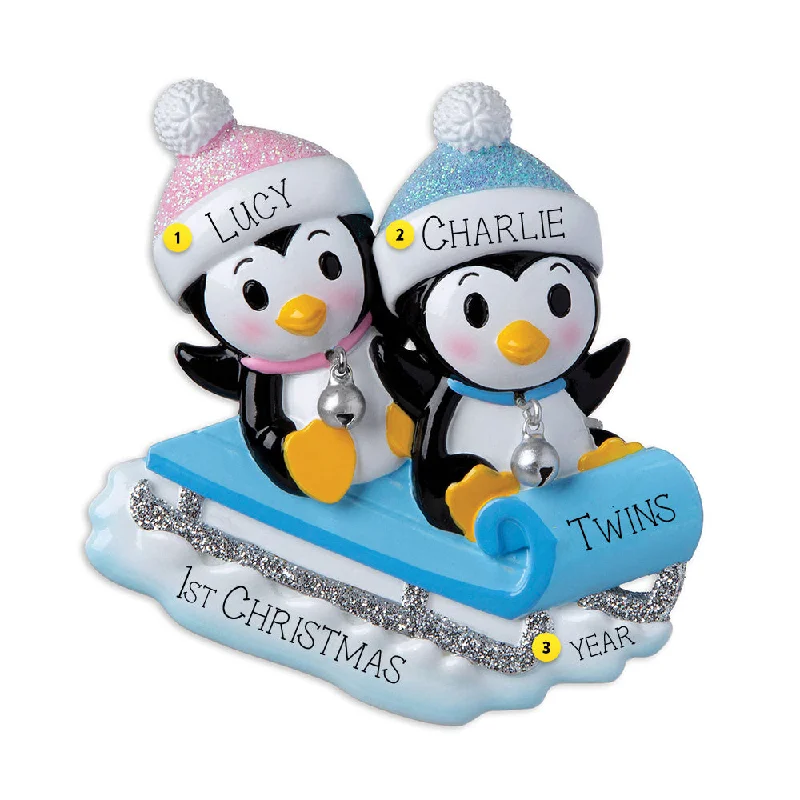 Personalized Blue and Pink Twin Penguins Ornament