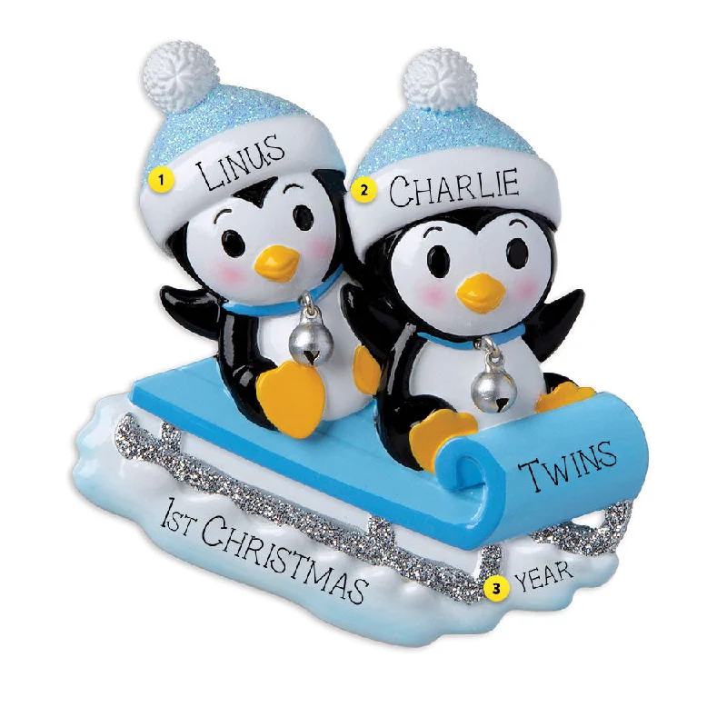 Personalized Blue Twin Penguins Ornament