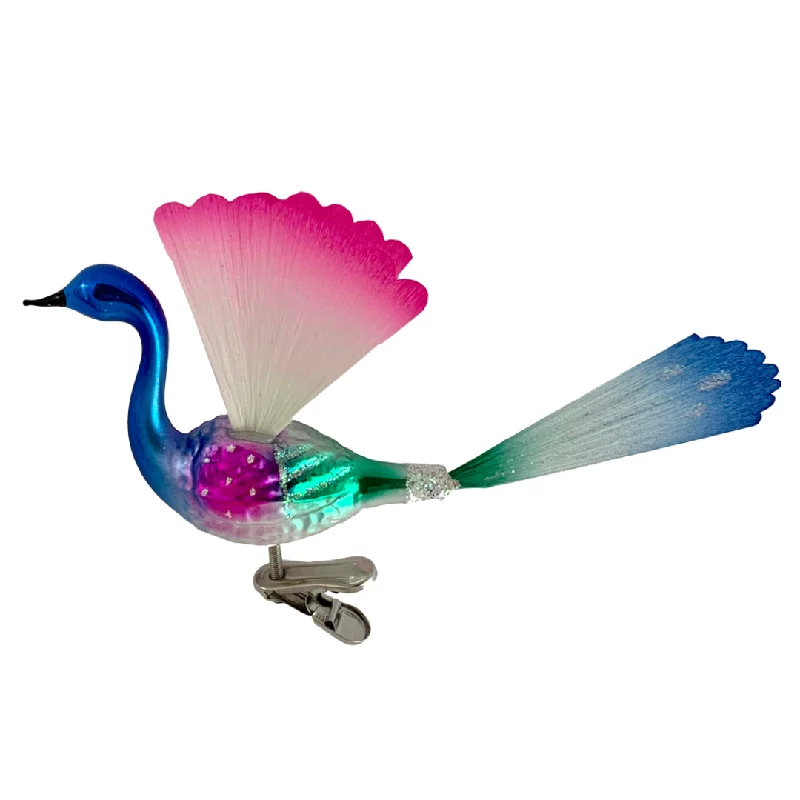 Brilliant Peacock with spun glass wings and tail by Inge Glas of Germany