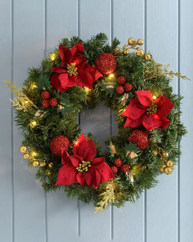 Pre-Lit Decorated Wreath, Red/Gold, 60 cm