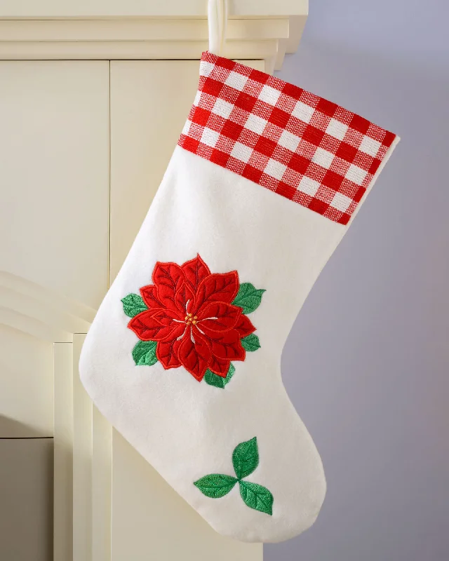 Poinsettia Embroidered Stocking, Red/White, 48 cm