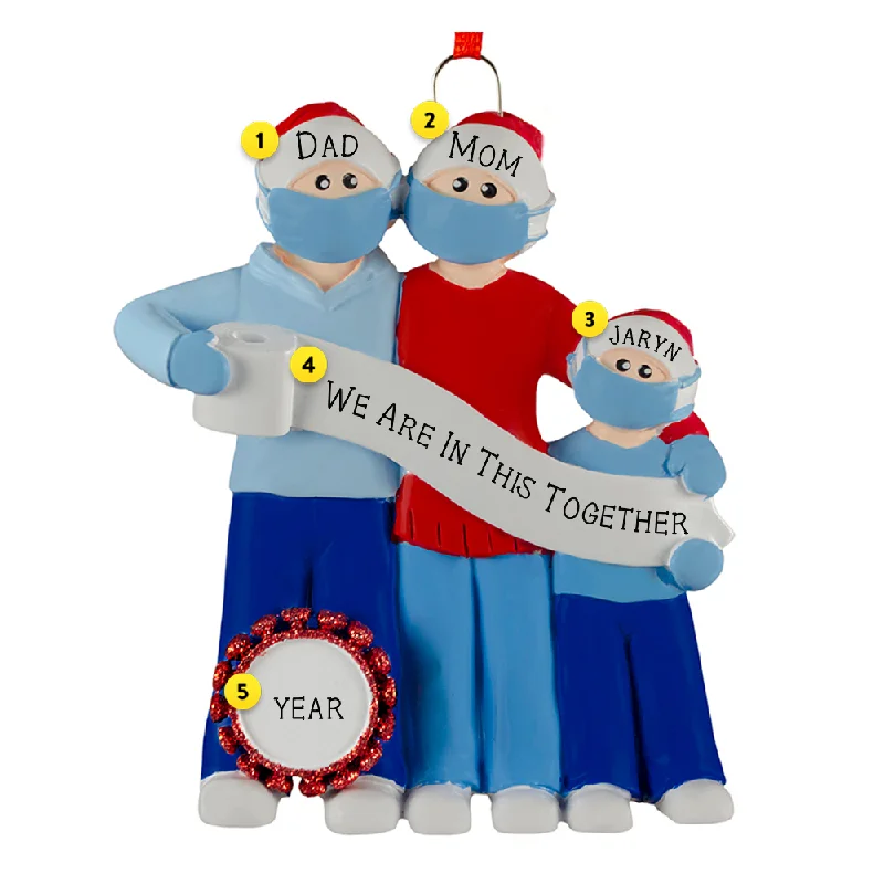 Personalized Family of 3 Wearing Masks Ornaments