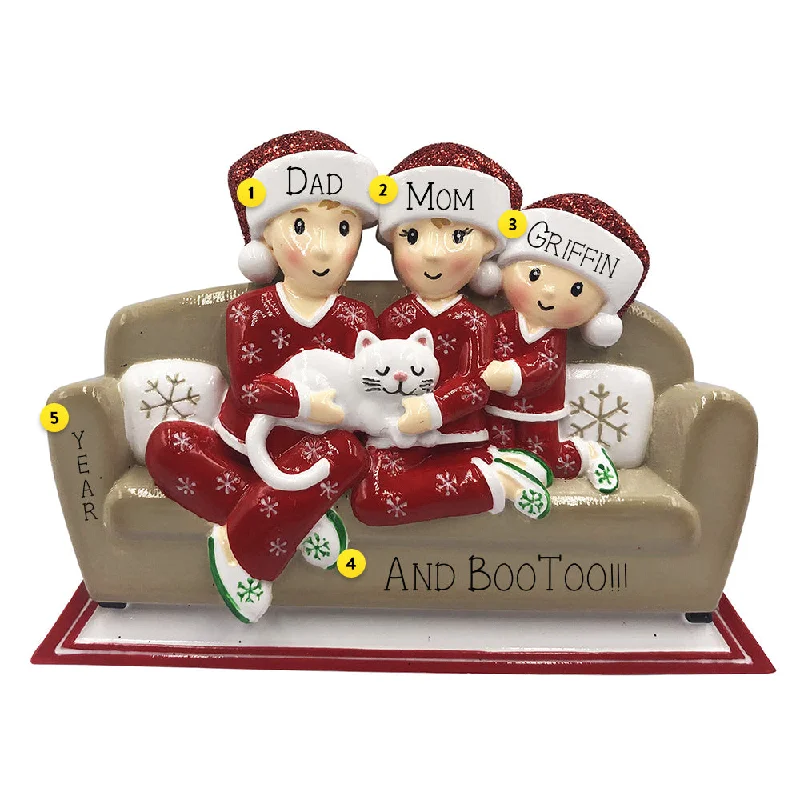 Personalized Pajama Family of 3 with a Cat Ornament