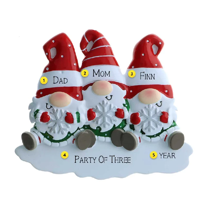 Personalized Gnome Family of 3 Ornament with Snowflakes