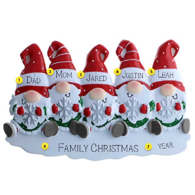 Personalized Gnome Family of 5 Ornament with Snowflakes