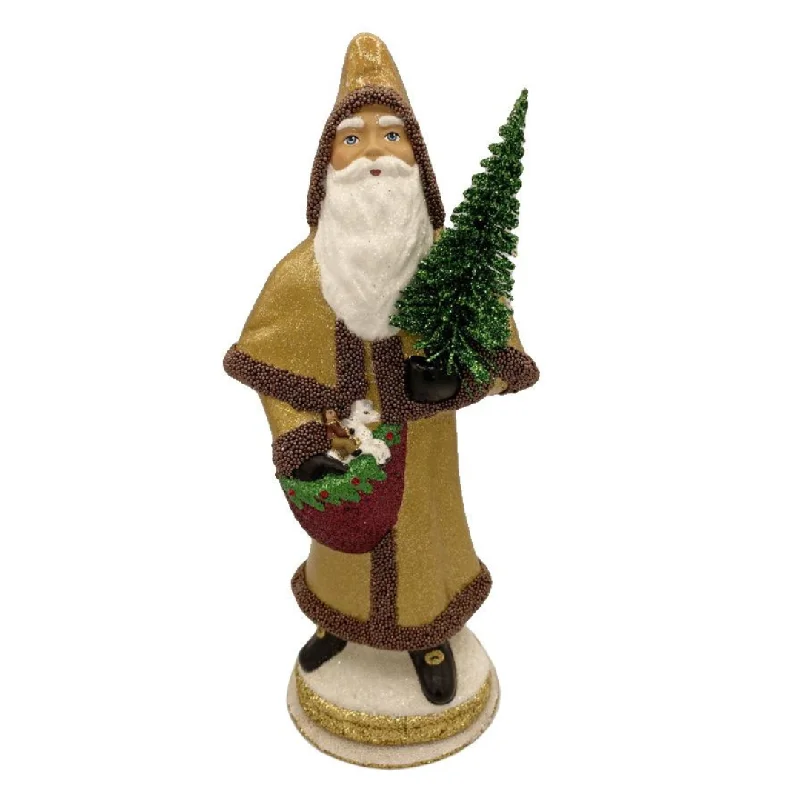 Santa in Cloak, Paper Mache Candy Container, gold with strawberry basket, by Ino Schaller