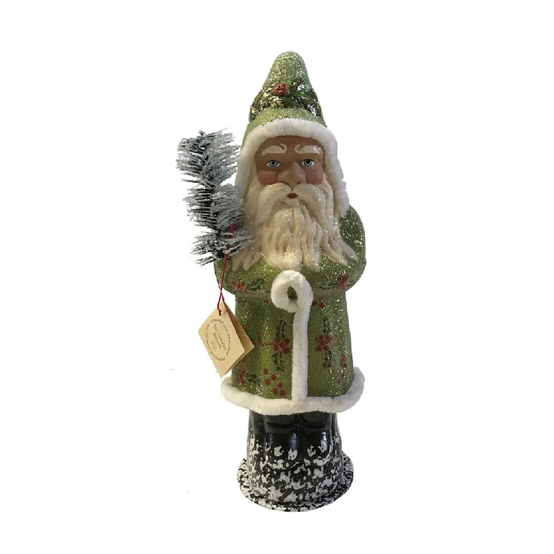 Green Shiny Santa with Holly Leaf Decor, Paper Mache Candy Container by Ino Schaller