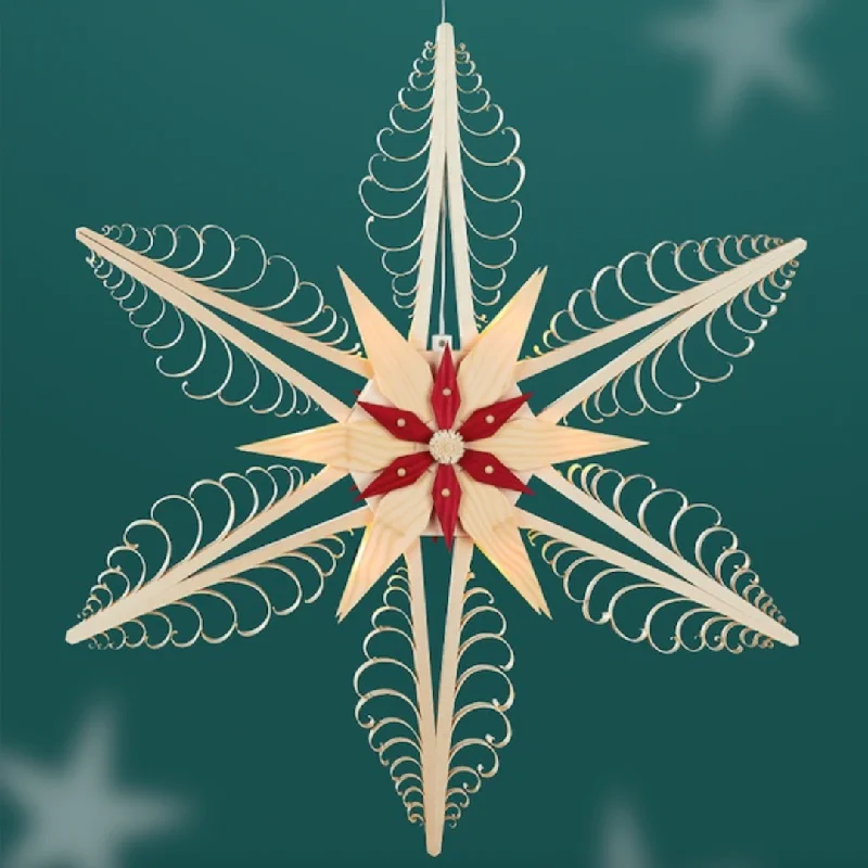 Illuminated Hanging Star, 52cm, with 6 flat curl trees and red center star by Martina Rudolph