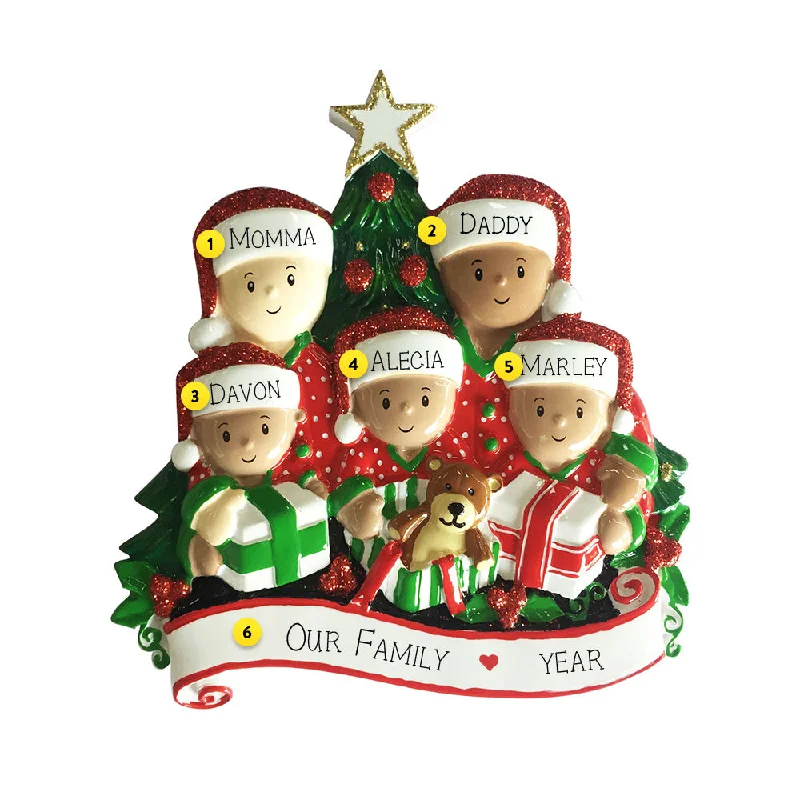 Personalized Interracial Family of 5 Opening Presents Ornament