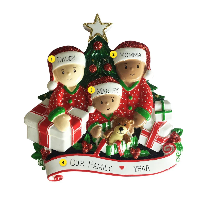 Personalized Interracial Family of 3 Opening Presents Ornament