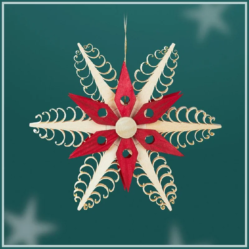 Curled Wood Star, 6 flat trees, red star center by Martina Rudolph