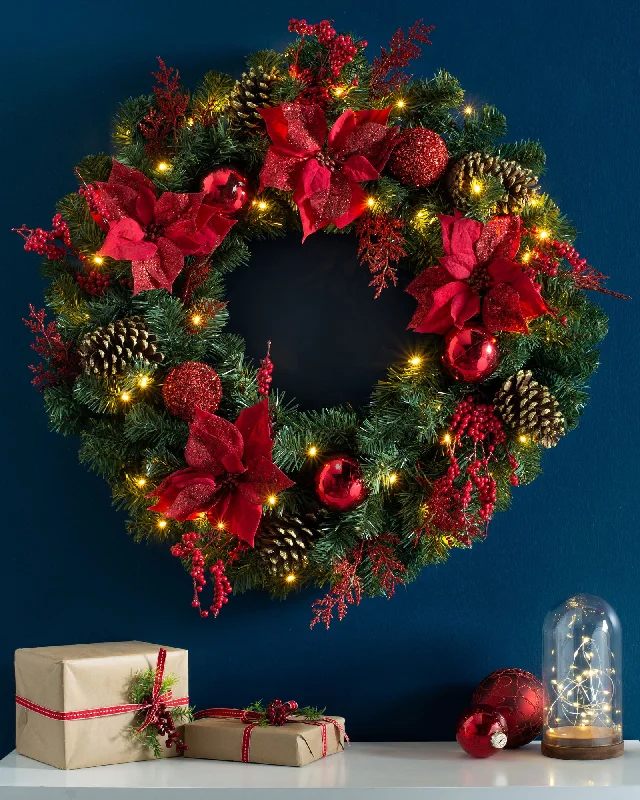 Pre-Lit Extra Thick Decorated Wreath, Red/Gold, 76 cm