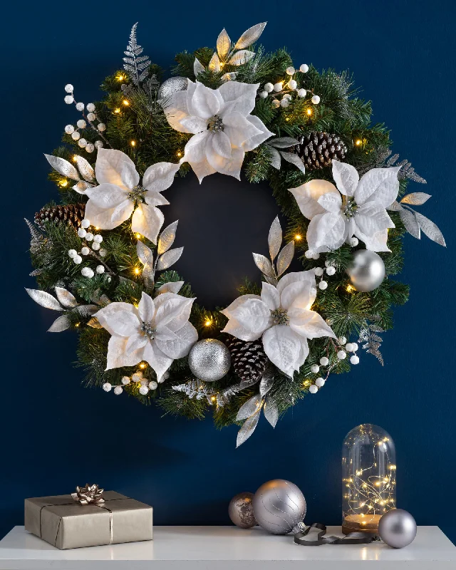 Pre-Lit Extra Thick Wreath, Silver/White, 76 cm