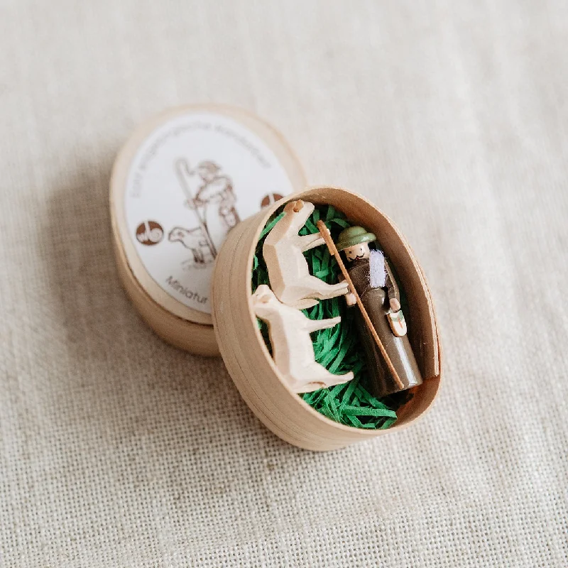 Miniature Shepherd and Sheep in Wood Box by Wolfgang Braun