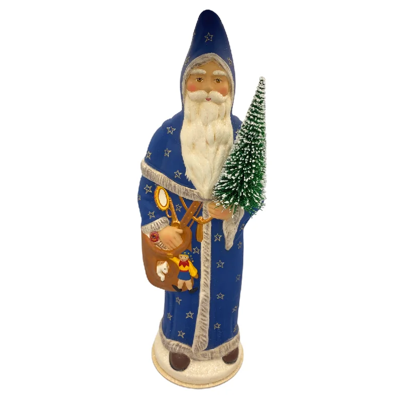 Santa in Cloak with tree, Paper Mache Candy Container, blue with stars, by Ino Schaller