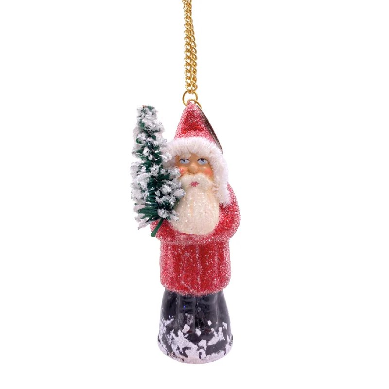 Santa with Tree, Paper Mache Ornament, frosted red with chenille trim, by Ino Schaller