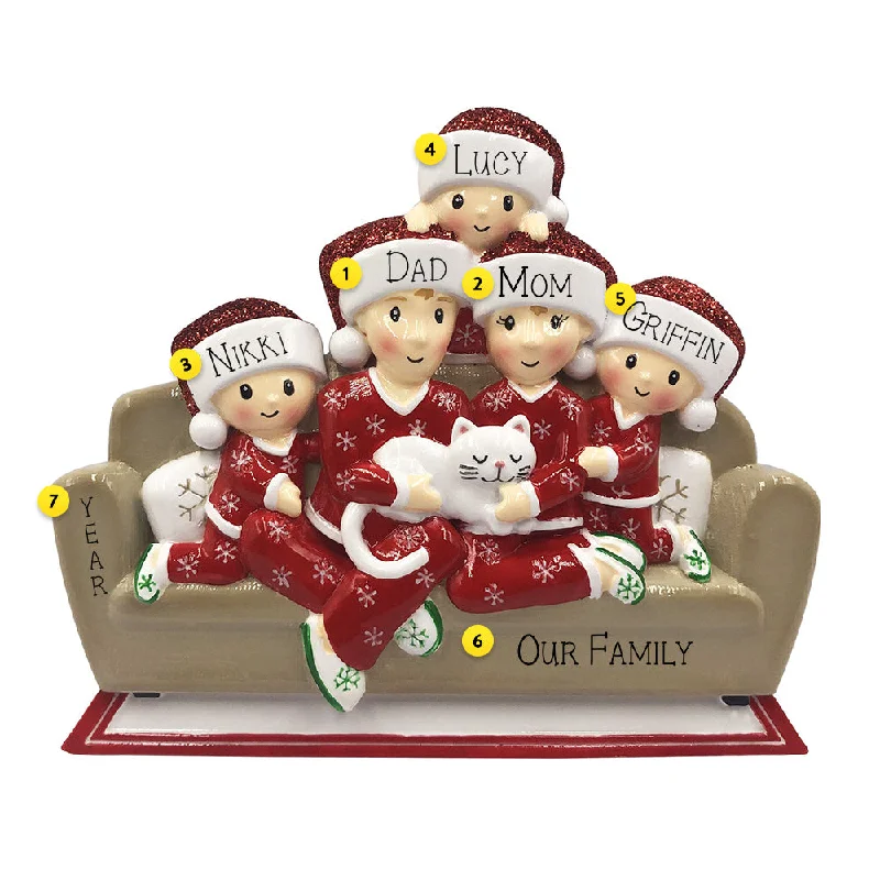 Personalized Pajama Family of 5 with a Cat Ornament