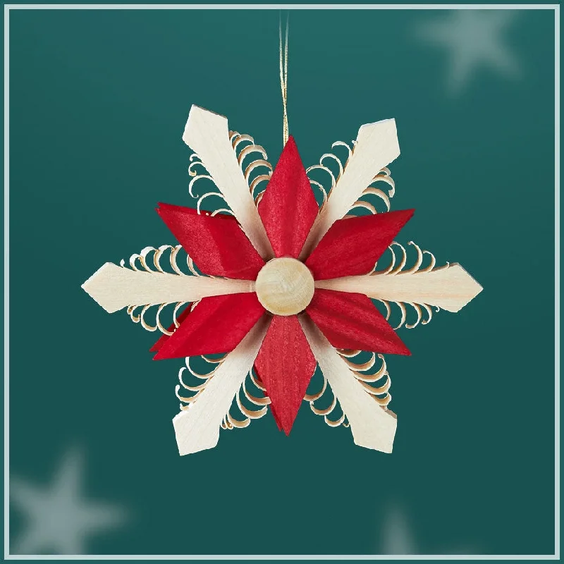 Curled Wood Snowflake, 9cm with red star center by Martina Rudolph