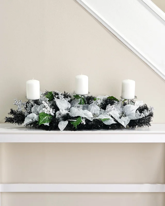 3 Pillar Decorated Garland Candle Holder, Black/Silver, 76 cm