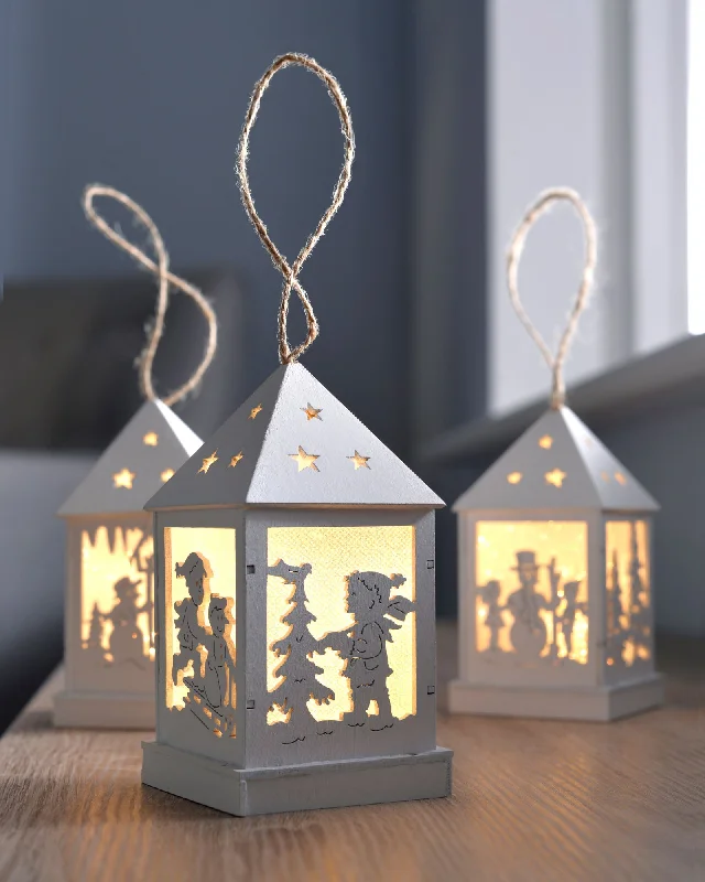 Pre-Lit Wooden Hanging Lantern Baubles, 3 Pack