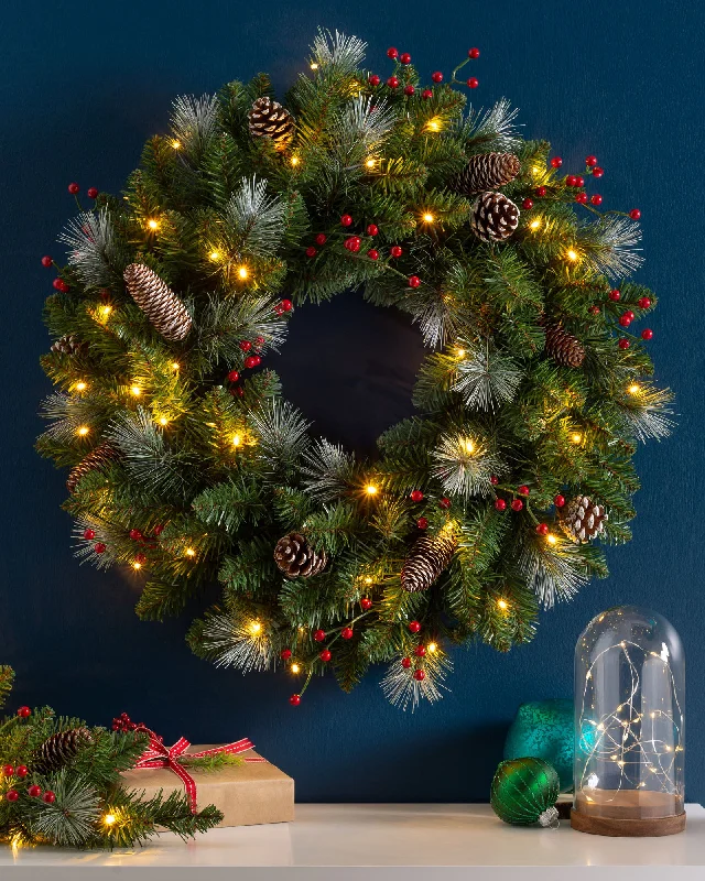 Pre-Lit Frosted Wreath, Pinecones & Berries, 60 cm