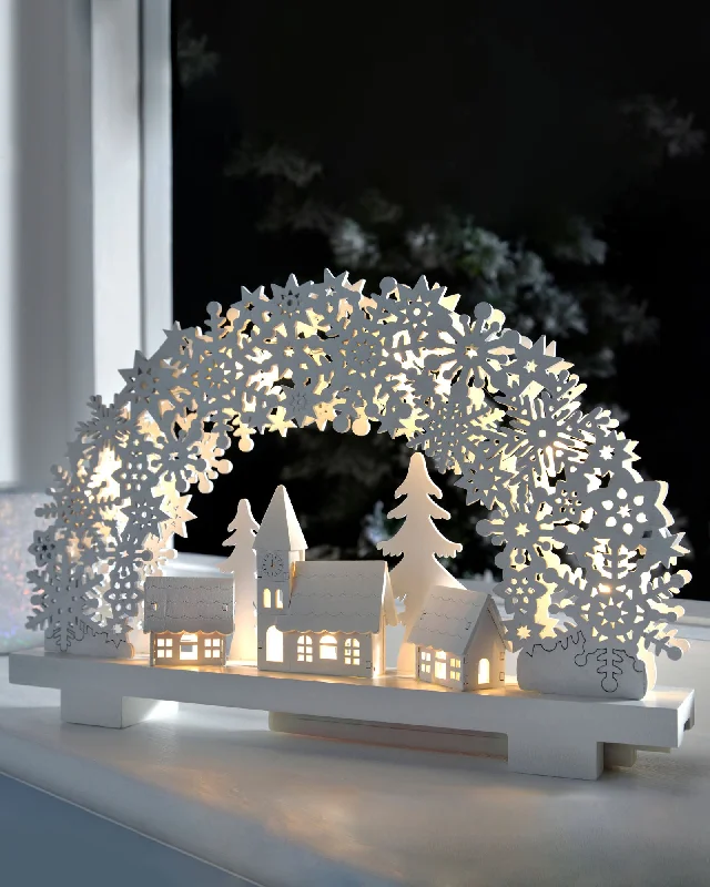 Pre-Lit Snowflake and Village Scene Arch, 32 cm