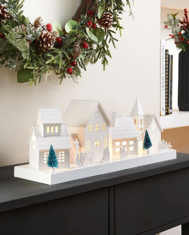 Pre-Lit Wooden Village Scene, White, 48 cm