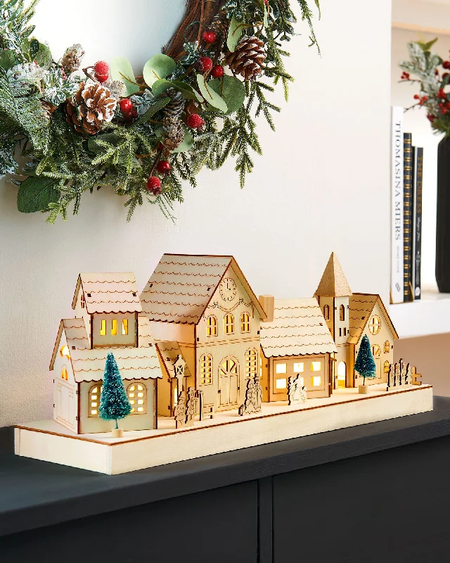 Pre-Lit Wooden Village Scene, Neutral, 48 cm