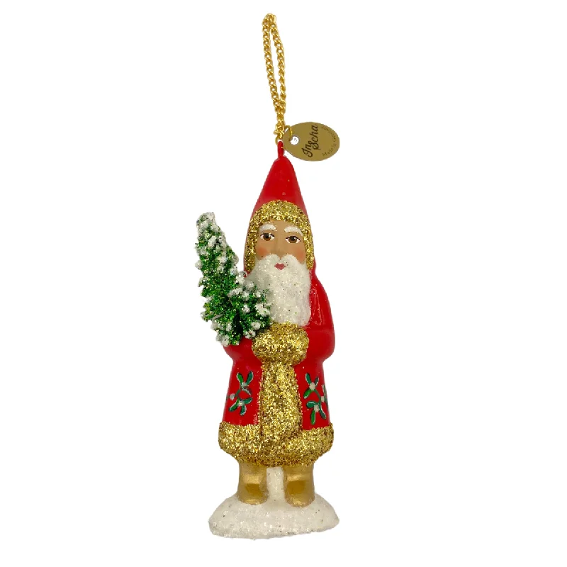 Santa with Tree, Paper Mache Ornament, red with gold glitter and holly decor, by Ino Schaller