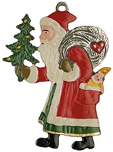 Santa with Bag and Tree, Painted on Both Sides Pewter Ornament by Kuehn Pewter