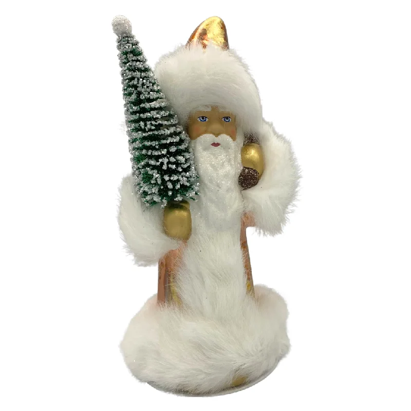 Santa with Bottle Brush Tree, Paper Mache Candy Container, 24 karat rose gold with white fur trim, by Ino Schaller