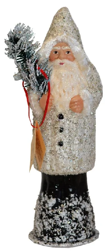 Santa Old Silver Coat with Frosted Feather Tree Paper Mache Candy Container by Ino Schaller