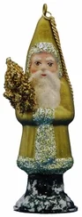 Santa with Tree, Paper Mache Ornament, olive green and gold, by Ino Schaller