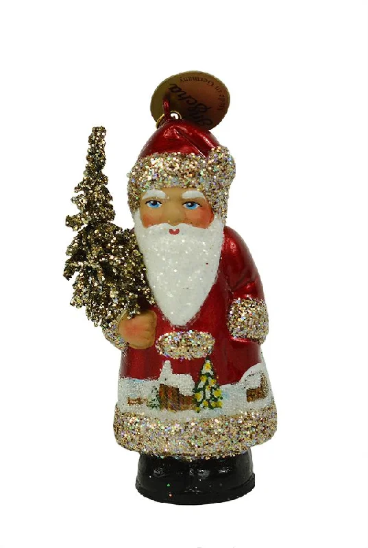 Santa with Tree, Paper Mache Ornament, red with scene on coat, by Ino Schaller