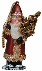 Santa with Tree, Paper Mache Ornament, rosewood with gold iridescent glitter by Ino Schaller