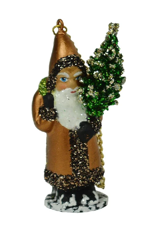 Santa with Tree, Paper Mache Ornament, copper with glitter trim, by Ino Schaller