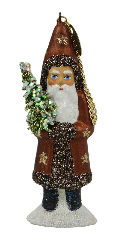 Santa with Tree, Paper Mache Ornament, copper with gold stars and glitter trim, by Ino Schaller