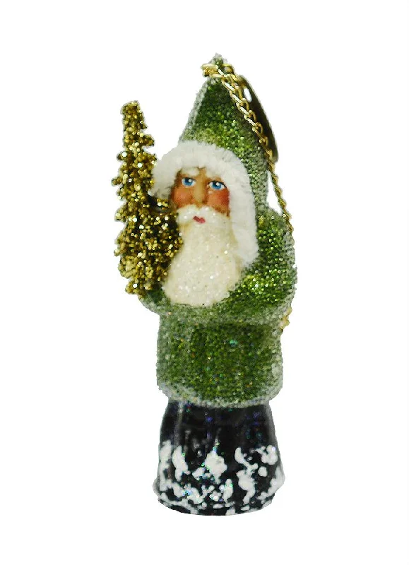 Santa with Tree, Paper Mache Ornament, frosted lime green with chenille trim, by Ino Schaller