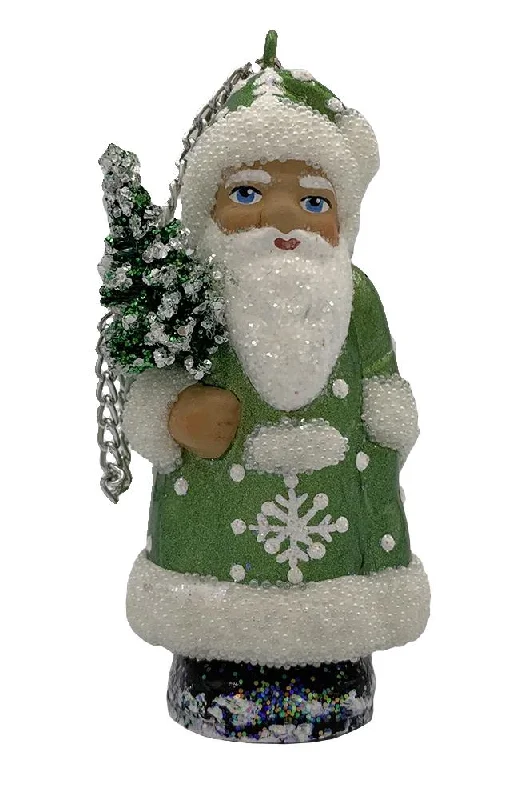 Santa with Tree, Paper Mache Ornament, lime green with white snowflakes, by Ino Schaller